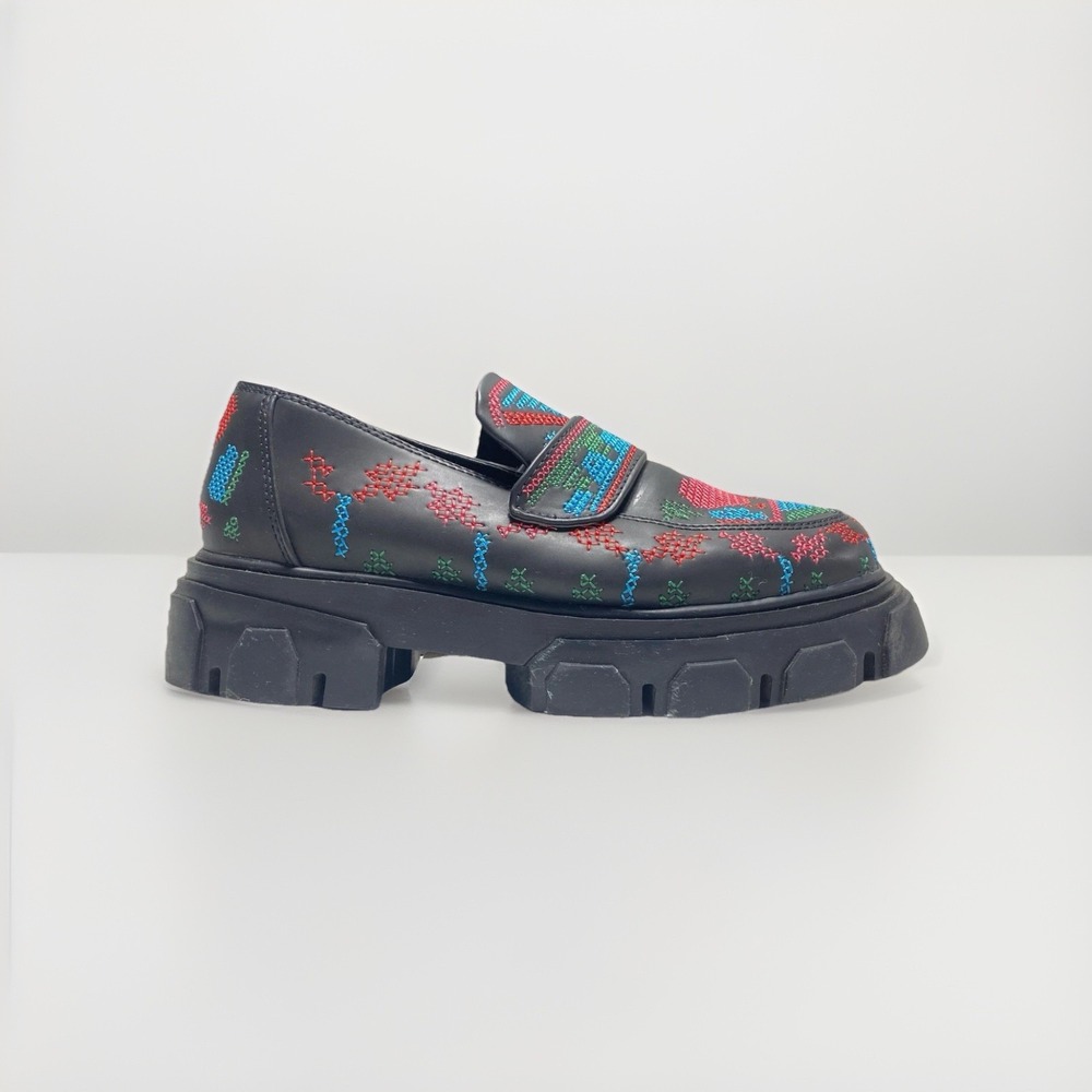 FARM Rio Black Leather Embroidered Multicolor Platform Loafers - Picture 2 of 7